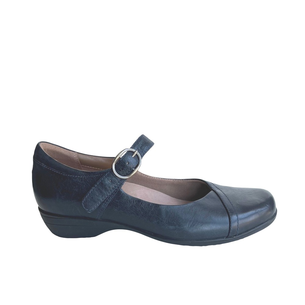Dansko Womens Navy Blue Leather Mary Jane Low Wedge Buckle Heels Size 37